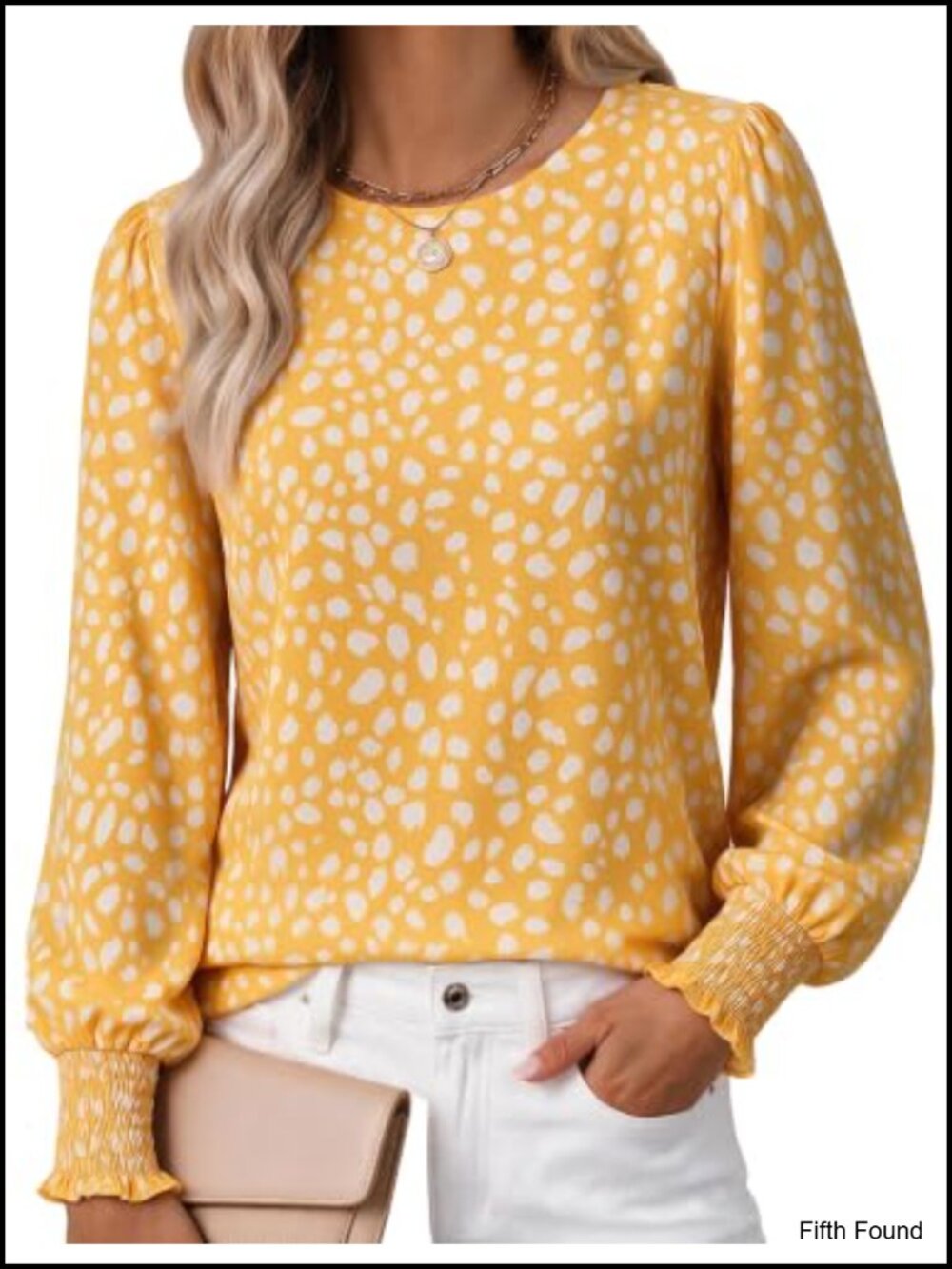 Womens Polka Dot Blouse Long Sleeve Crew Neck Smocked Cuff Dressy Casual